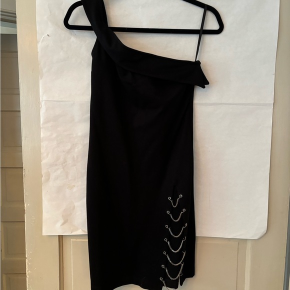 NBD Sweet November One Shoulder Silver Chain High Slit Little Black Dress sz S - Picture 5 of 13